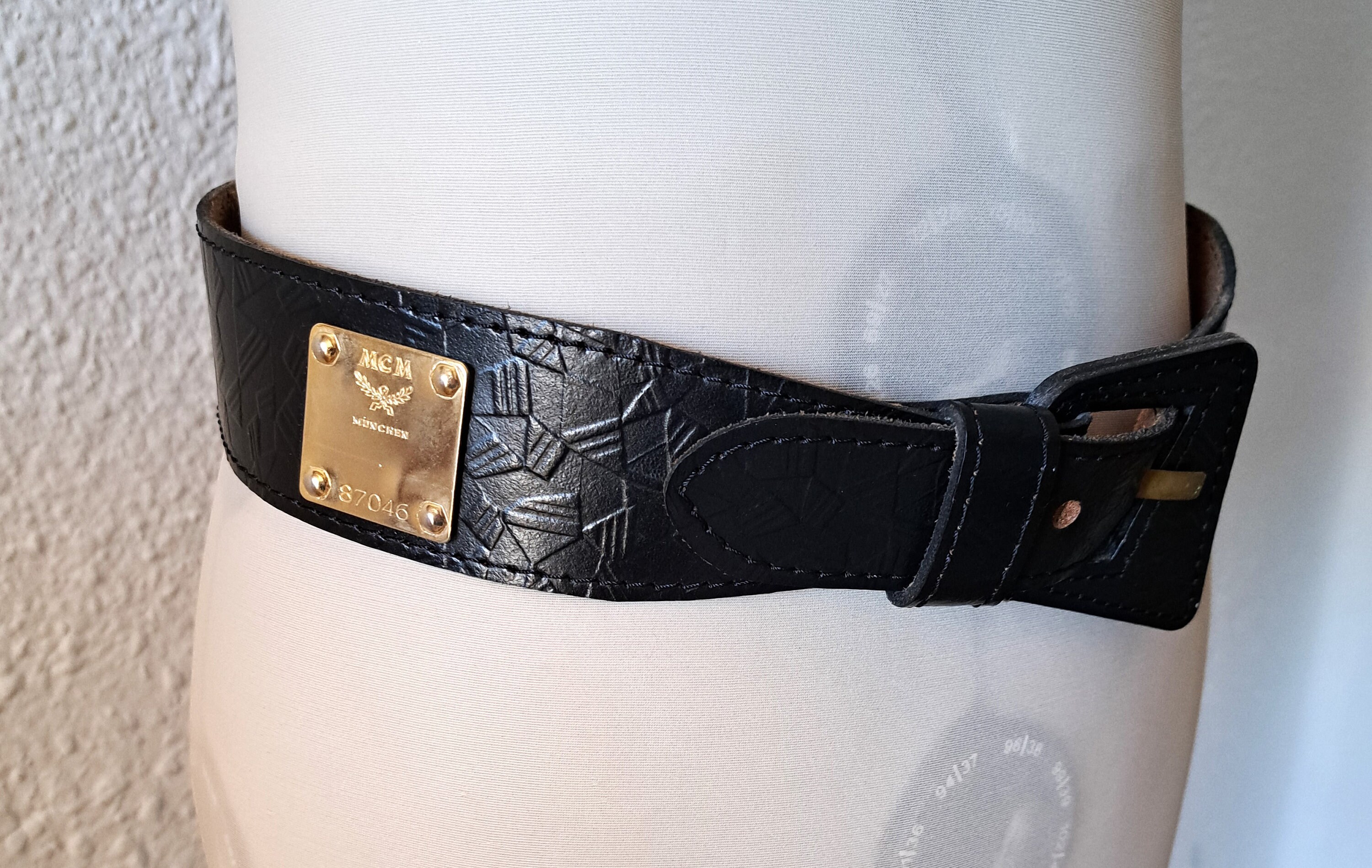 Vintage MCM Black Leather Belt Gold Tone Metal Plates/ 78 to 