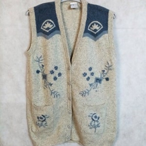 Vintage 80s Gray/Blue Knit Vest with Embroidery, Size S