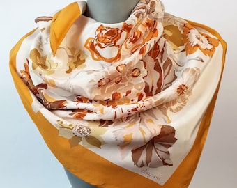 Vintage Bayron Silk Scarf, Yellow Beige Floral Square Silk Scarf