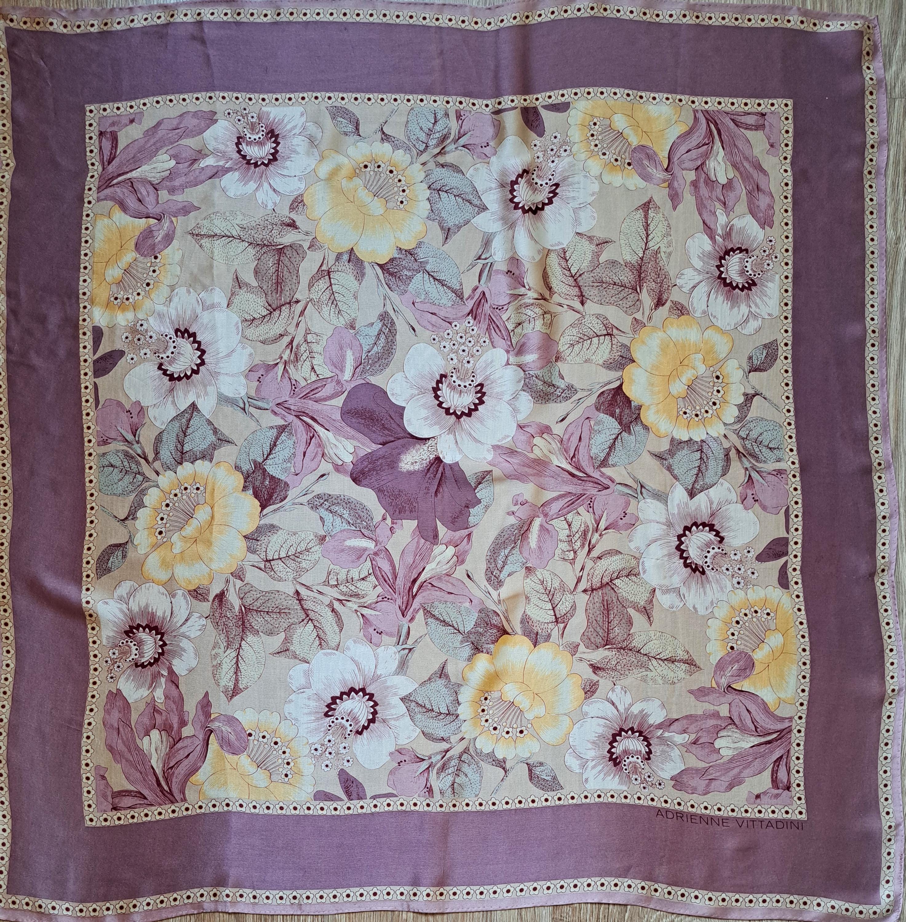 Adrienne Vittadini Vintage Silk Scarf Purple Beige Floral 