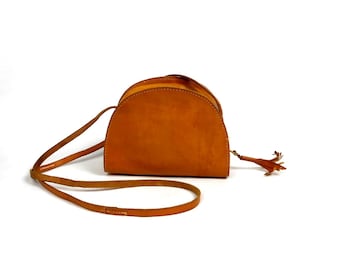 Vintage 70s Small Leather Shoulder Bag, Tan Leather Handmade Bag, Boho Leather Purse, Hippie Style Bag
