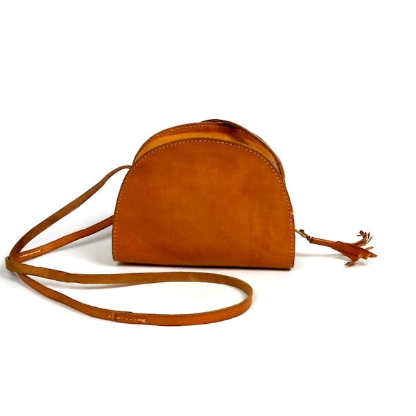 Vintage 70s Small Leather Shoulder Bag, Tan Leather Handmade Bag, Boho Leather Purse, Hippie Style Bag
