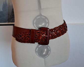 Vintage 90s Braided Brown Leather Belt