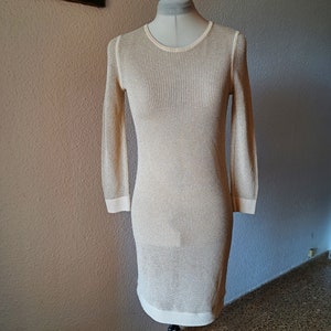 Vintage Strenesse Knit Dress, Metallic Beige Long Sleeve Knee-Length Bodycon Dress 2