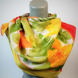 Vintage Yellow Green Orange Flowers Printed Silk Scarf, Toccare Square Silk Scarf