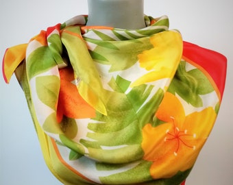 Vintage Yellow Green Orange Flowers Printed Silk Scarf, Toccare Square Silk Scarf