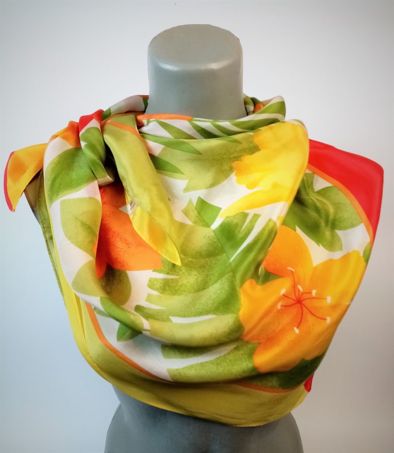 Vintage Yellow Green Orange Flowers Printed Silk Scarf, Toccare Square Silk Scarf image 1