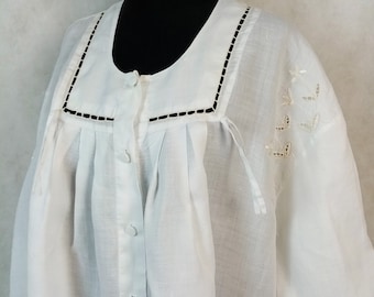 Vintage 80s White Linen Nightgown, Cutwork Embroidery Nightdress, Large