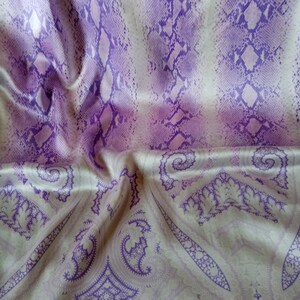 Vintage 90s Escada Long Silk Scarf, Purple White Shawl, Snake and Paisley Print Silk Wrap with Fringe image 7