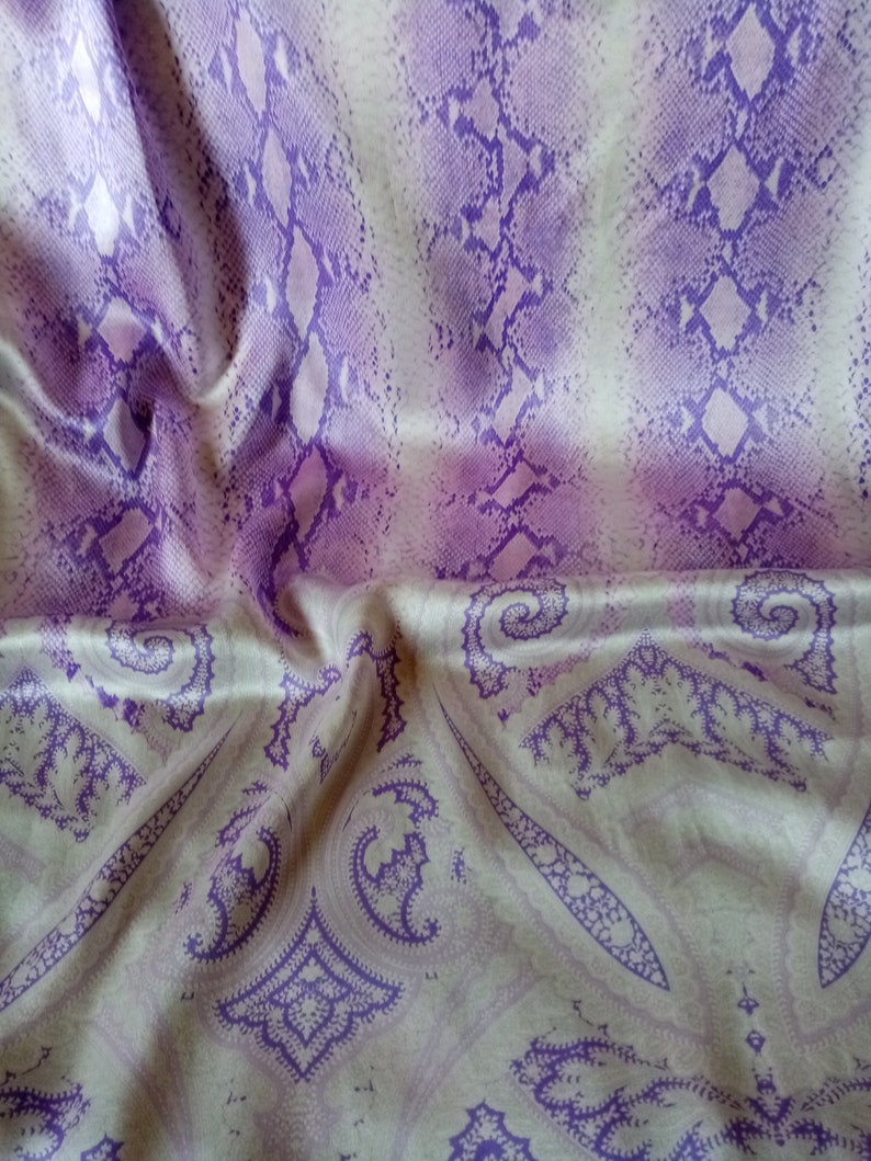 Vintage 90s Escada Long Silk Scarf, Purple White Shawl, Snake and Paisley Print Silk Wrap with Fringe image 7