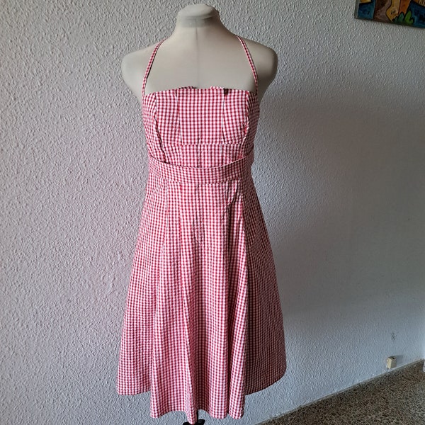 vintage Swing Style Halter Dress, White Red Gingham Dress, Cotton Vichy Check Dress, Midi Length Women's Summer Dress