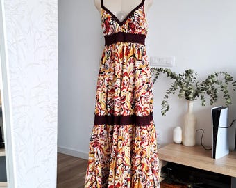 BCBG Max Azria 花柄コットンティアードレーストリムマキシドレス、サイズ8