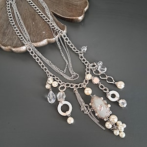 Vintage Multi Charm Silver Tone Necklace: Long Layered Statement Jewelry
