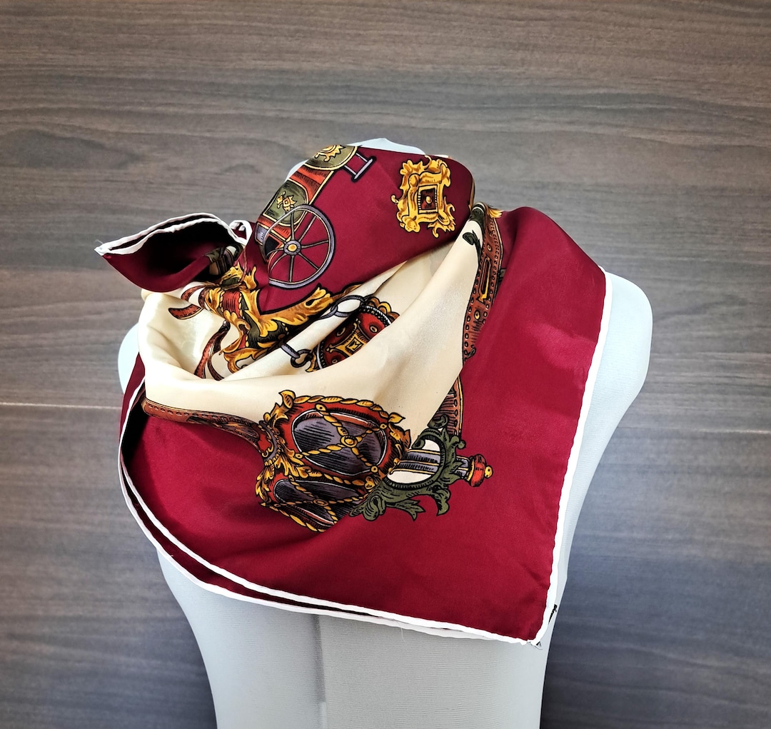 Vintage Silk Scarf: 70s Royal Carriage Print, Burgundy Cream Gold
