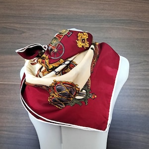 Vintage Silk Scarf: 70s Royal Carriage Print, Burgundy Cream Gold (74 cm)