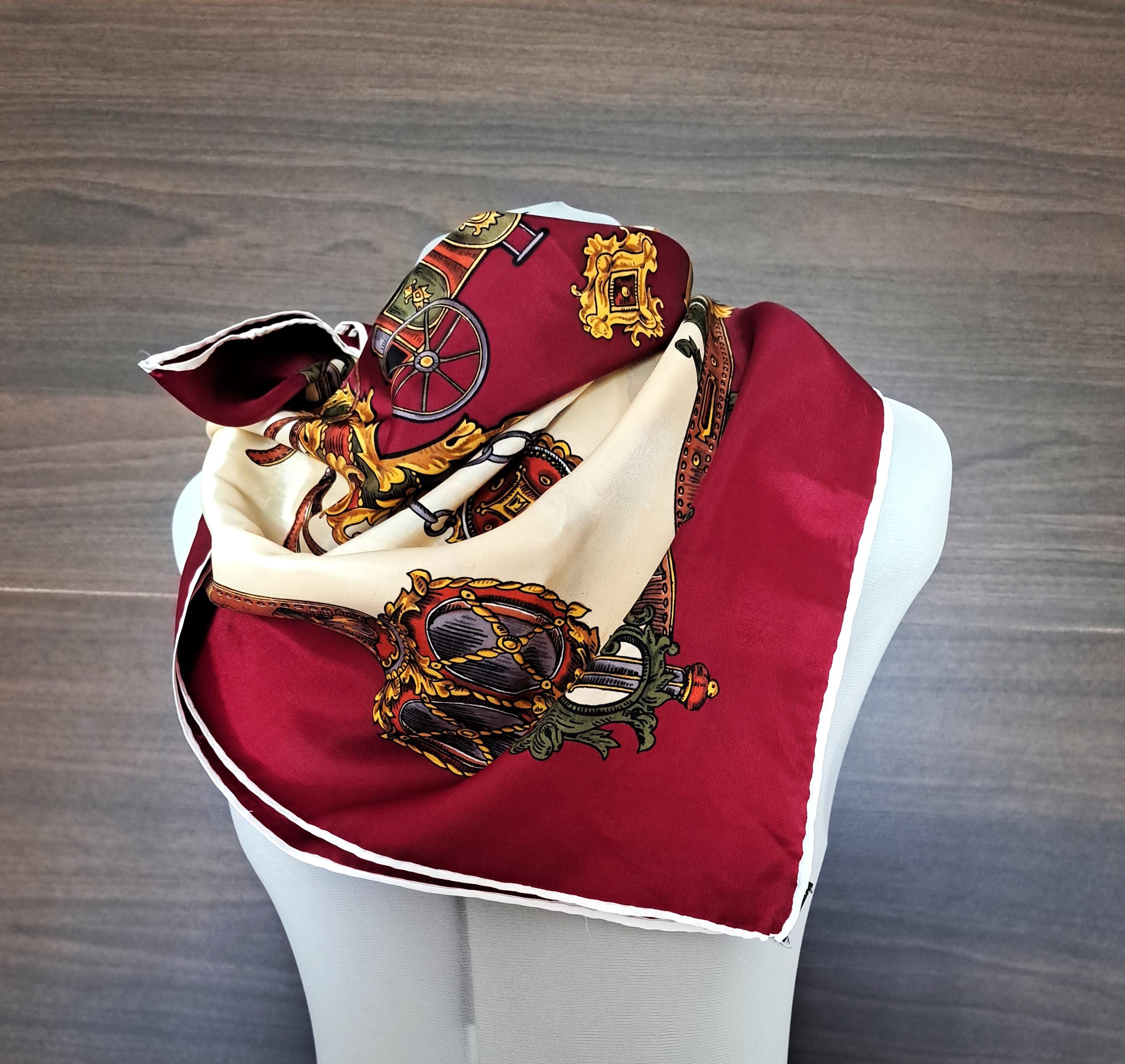 Vintage Silk Scarf: 70s Royal Carriage Print, Burgundy Cream Gold