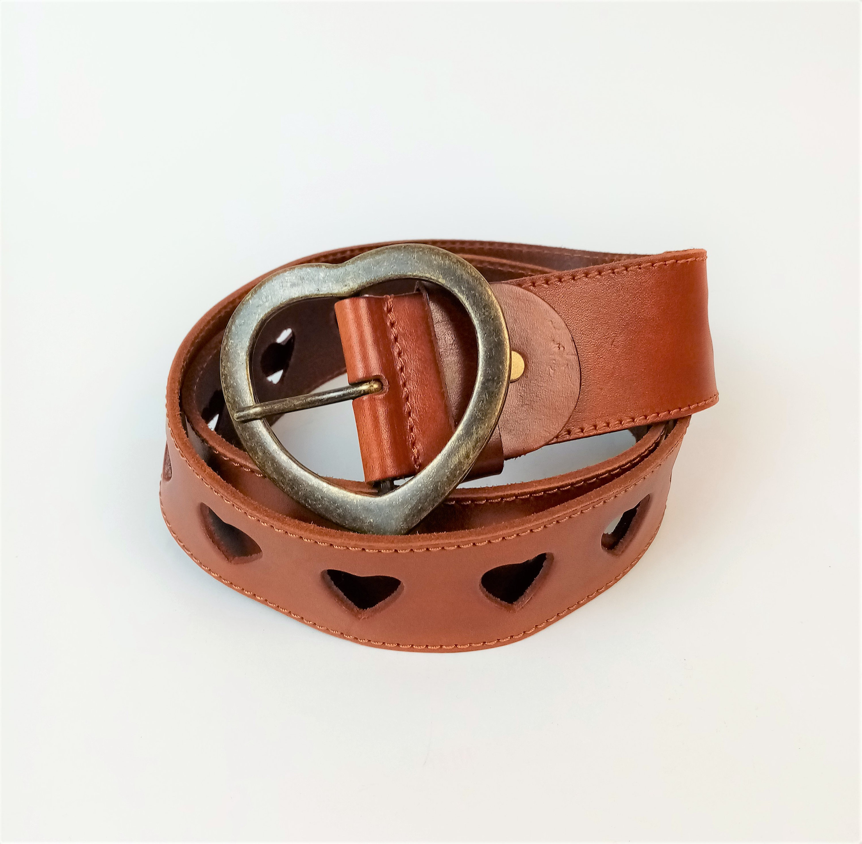 Tan Leather Heart Cutout Belt: Wide Waist Belt With Metal 