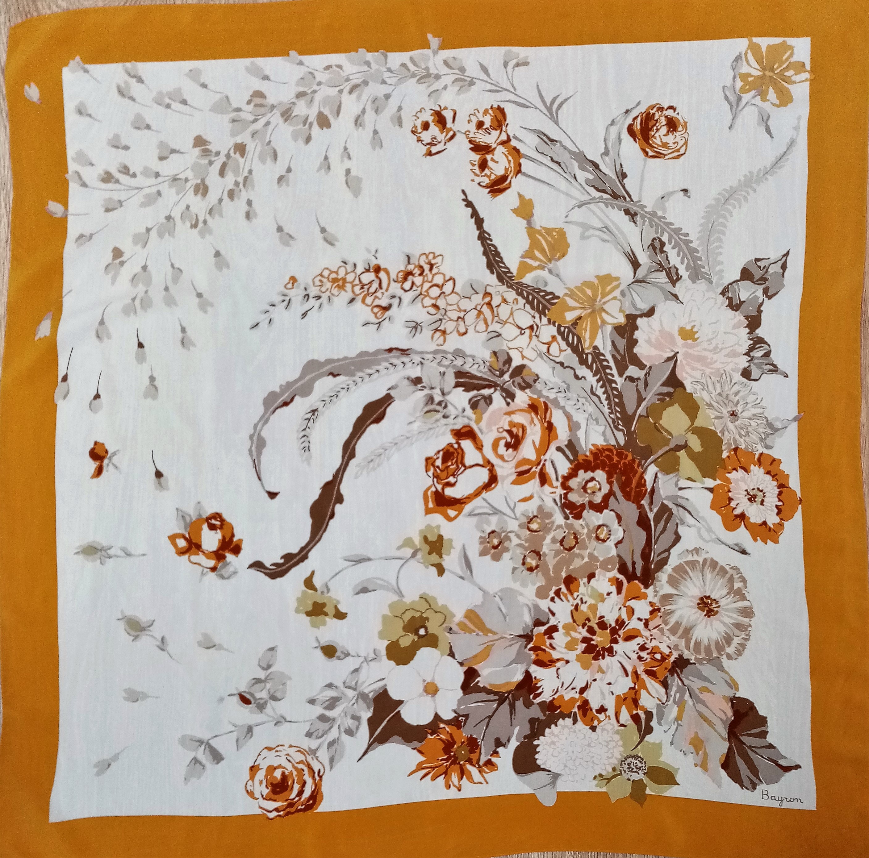 Sciarpa Quadrata In Raso Di Seta Vintage Beige Con Fiori – Foulard 90 Cm Per Donna - Foto 4