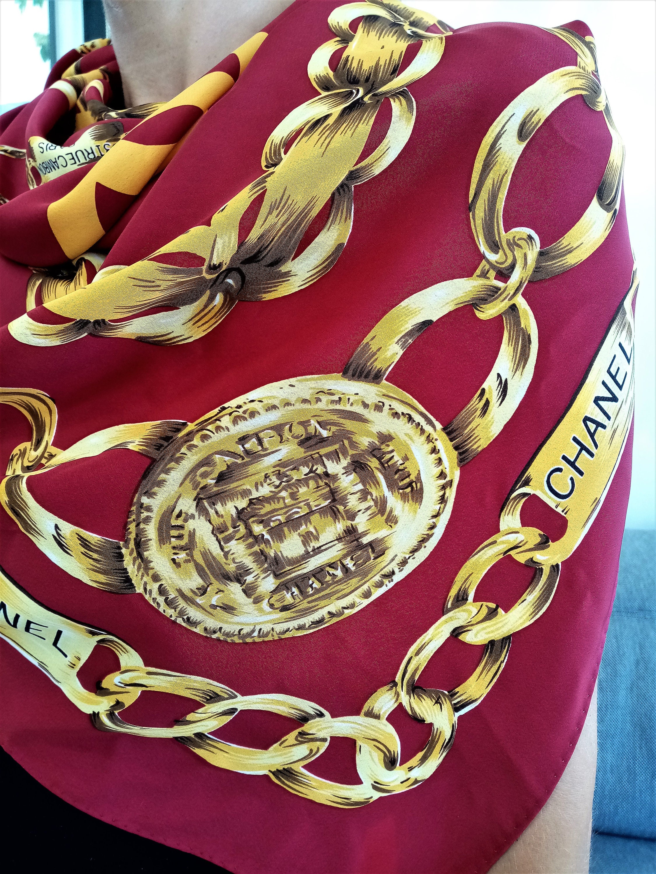 Vintage Chanel Silk Scarf, Red and Gold Chain Link Scarf, 31
