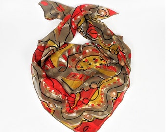 Vintage Silk Chiffon Scarf, Red Yellow Abstract Motives Scarf, Square Chiffon Scarf with CF Initial, Hand Rolled Edges Head Scarf