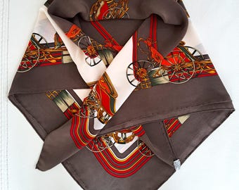 Vintage Silk Scarf with Horse Carriages Motif - Hand-Rolled Edges 86 cm Square