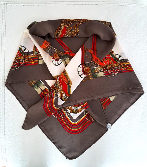 Vintage Silk Scarf With Horse Carriages Motif - Hand-rolled Edges