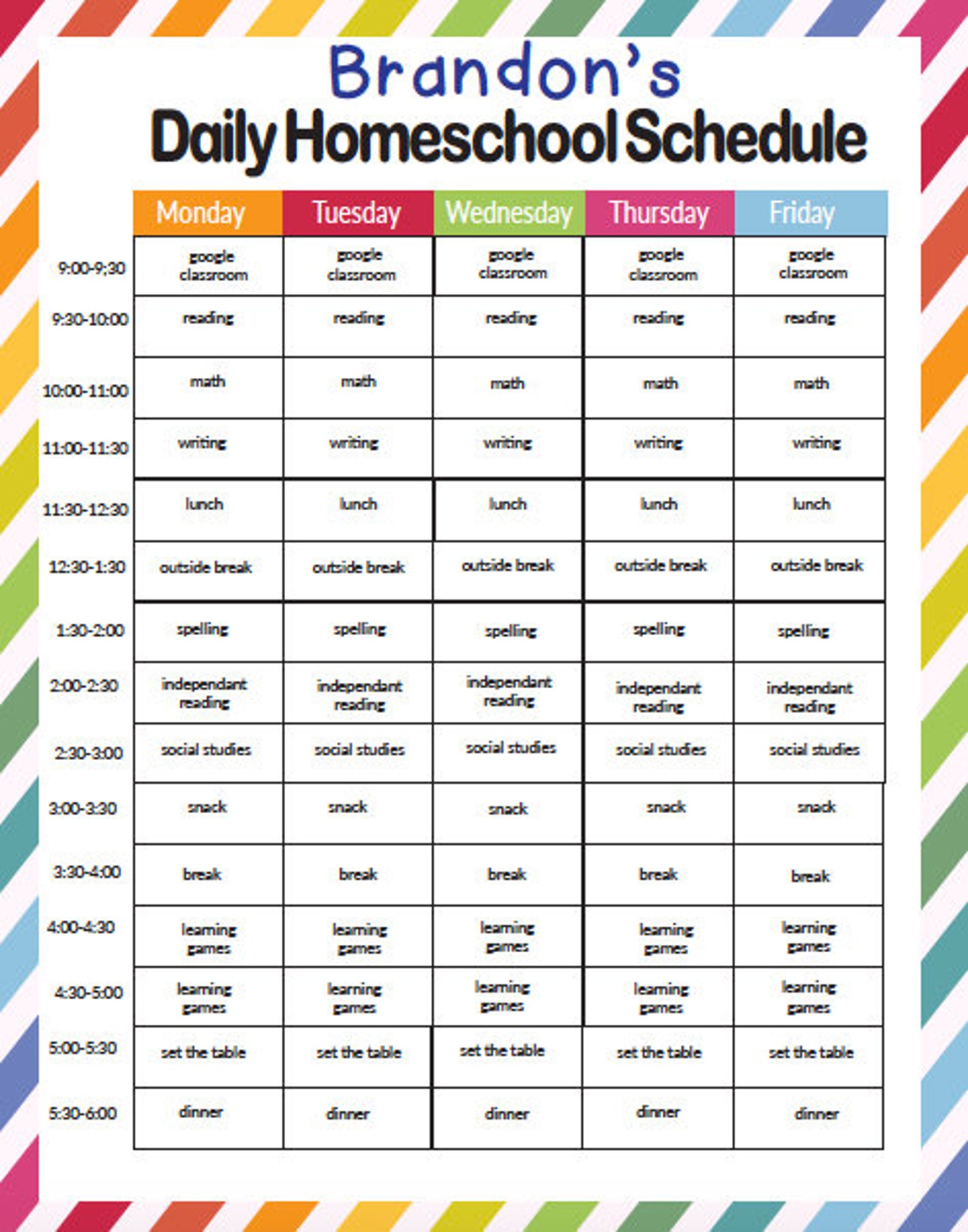 Editable Home School Daily Planner-rainbow - Etsy
