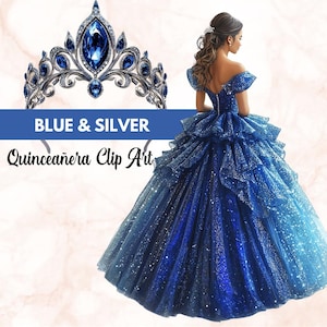 Clip Art Quinceañera Azul y Plata -- Imágenes Elegantes de Mis Quince Años / Invitación DIY / PNG Transparente / Tiara Floral