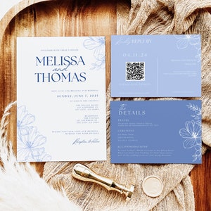Floral Dusty Blue Minimalist Wedding Invitation Bundle Editable Templates | Wedding Invitation Suite With RSVP Instant Download