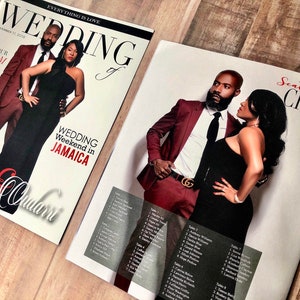 Könnte beinhalten: Ein Hochzeitsmagazin-Cover mit einem Paar in festlicher Kleidung. Das Cover zeigt den Text "Wedding of Tanya & Odari" und "Wedding Weekend in Jamaica". Die Rückseite des Magazins zeigt einen Sitzplan.