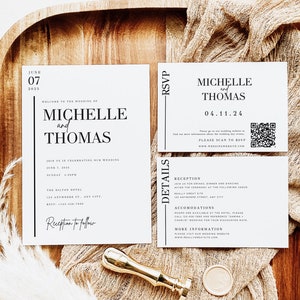 Op de afbeelding: Een witte huwelijksuitnodiging met zwarte tekst. De uitnodiging luidt "Welkom op de bruiloft van Michelle en Thomas" en bevat de datum, tijd en locatie van de bruiloft. De uitnodiging bevat ook een QR-code om RSVP te doen.