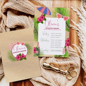 Boho Tropical Bachelorette Party Itinerary Template, Editable Birthday Weekend Invitation, Bougainvillea Wedding Program Printable