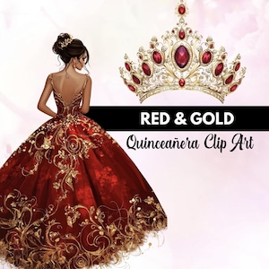 Rode en gouden quinceañera-illustraties--elegante Mis Quince Años-afbeeldingen / DIY-uitnodiging / transparante PNG / bloementiara - 13 ontwerpen
