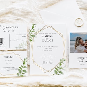 May include: Wedding invitation suite with a gold geometric frame and green foliage accents. The invitation features the couple's names, "Simone and Carlos", and the date of the wedding. The RSVP card includes a QR code and the text "Kindly Reply By 04.07.25".