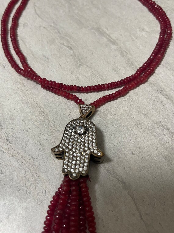 Beaded Ruby long sterling silver Hamsa necklace 3… - image 3