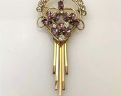 Vintage Harper Gold Tone Drop Dangle Flower Brooch Pin Pendant Purple Rhinestone