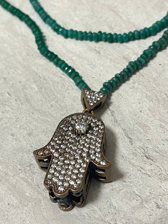 Emerald beaded silver Hamsa Turkish long necklace 