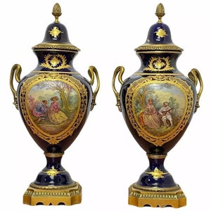 Antique Pair of French Sevres Hand Painted Royal Cobalt Blue Porcelain Ormolu