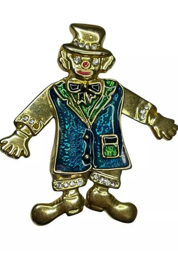 Vintage Gold Tone Blue Enamel Clown Dangling Movea