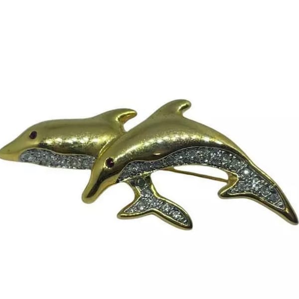 Gold Tone Rhinestones Two Dolphins Swimming Red Eye Signed PS CO 2000 Brooch Pin