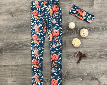 Teal floral leggings with optional matching headband, size 8-9, soft and comfy fabric!