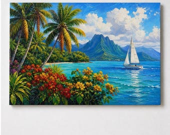 100% Handgemalt | Tropische Seelandschaft Ölgemälde | 3D Strukturierte Impasto Spachtel Kunstwerk | Küsten Palme Leinwand Dekor für Zuhause