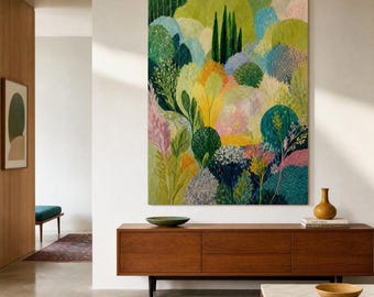 100% Hand Painted | Vibrant Garden Forest Oil Painting | 3D Textured Impasto Palette Knife Artwork | Modern Botanical Canvas Decor