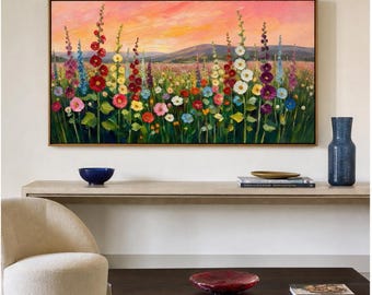 Stockrose Blumenfeld mit Berg Ölgemälde | 3D Strukturierte Impasto Botanische Kunstwerk | Küche oder Esszimmer Wand Dekor Blumen Geschenk
