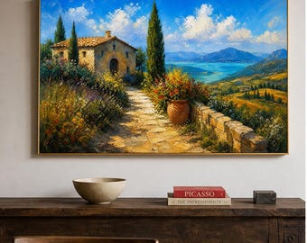 100% Handgemalt | Mediterrane Villa Küstenlandschaft Ölgemälde | Schwere 3D strukturierte Impasto Leinwand Wandkunst | Wohnzimmer Dekor