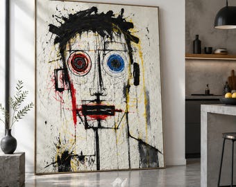 Original abstrakt ansikte gatukonst på canvas, 100 % handmålad oljemålning, unik inflyttningspresent till honom, estetisk man cave-väggbonad