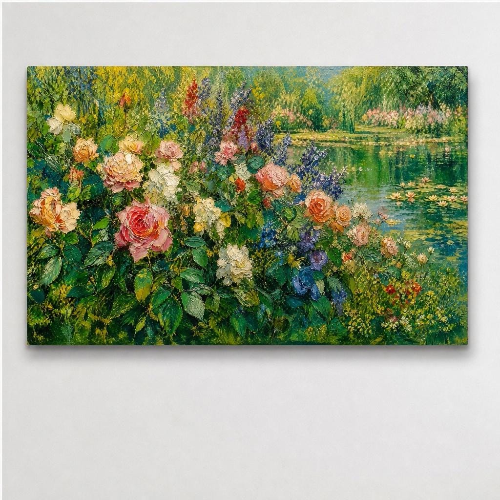 100% Hand Painted Garden Rose Pond Nature Oil Painting Bright 3D Textured Impasto Floral Canvas Decor Living Room Home Wall Art Gift