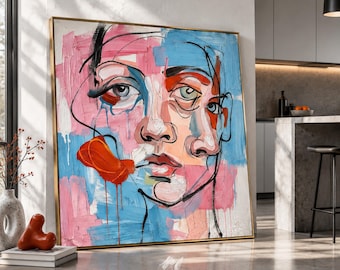 Modern Girl Portrait Canvas Wall Art, Hand Painted Woman in Sun Dress Oil Painting, Colorful Mediterranean Decor, Living Room Statement Art