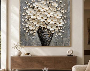 Extra stor 3D-väggkonst med vit blomma på canvas, palettknivsmålning med blommor, handmålad neutral vas med blomsterdekor, modernt vardagsrumskonstverk