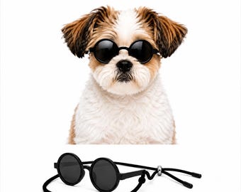 May include: A small dog with white and brown fur wearing round black sunglasses. Below, a pair of identical round black sunglasses with a black adjustable cord and a silver metal bead are displayed against a plain white background.